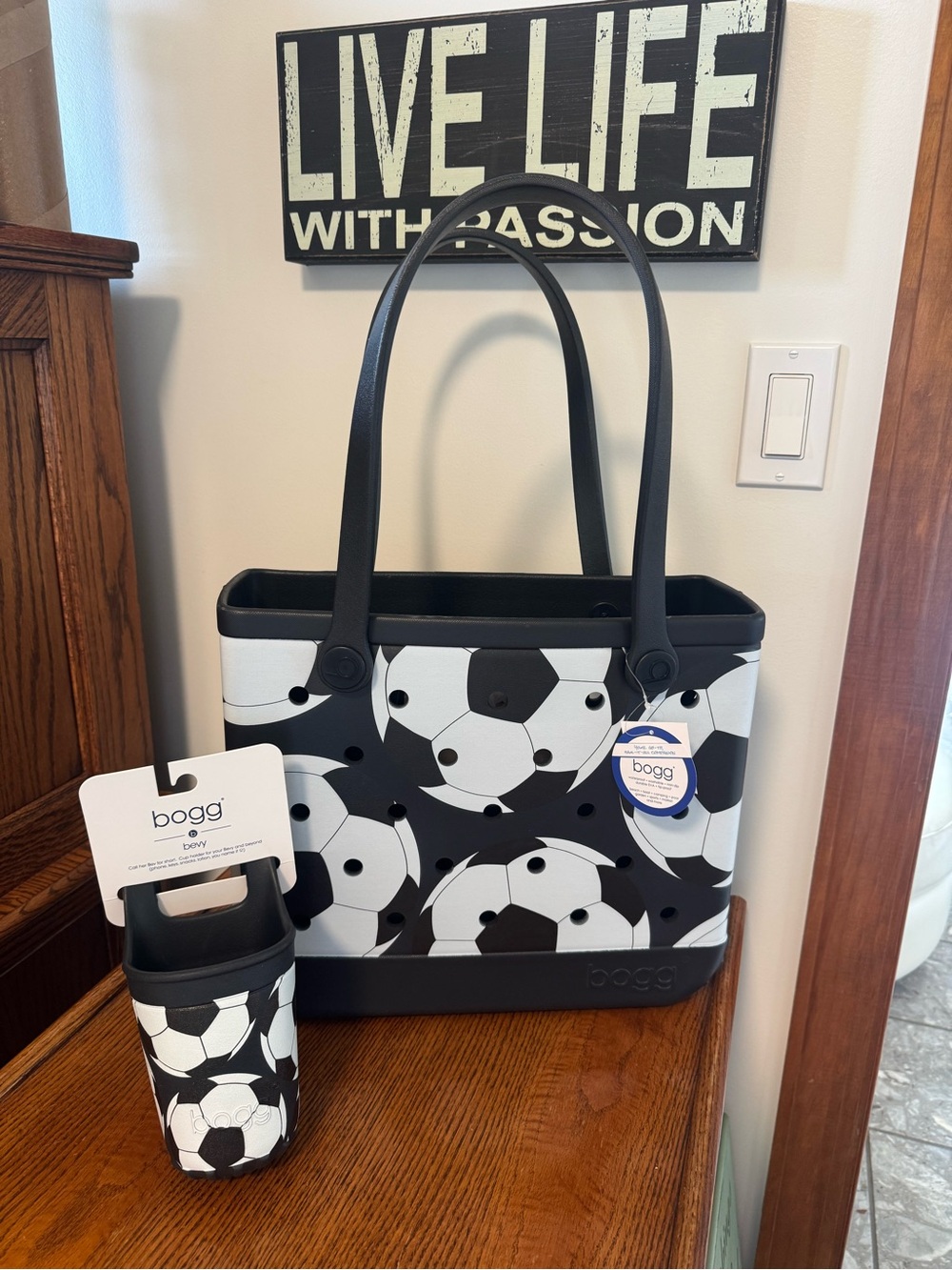 BOGG “LETS KICK IT!” SOCCER BLACK/WHITE TOTE  BAG & SOCCER BEVY HOLDER